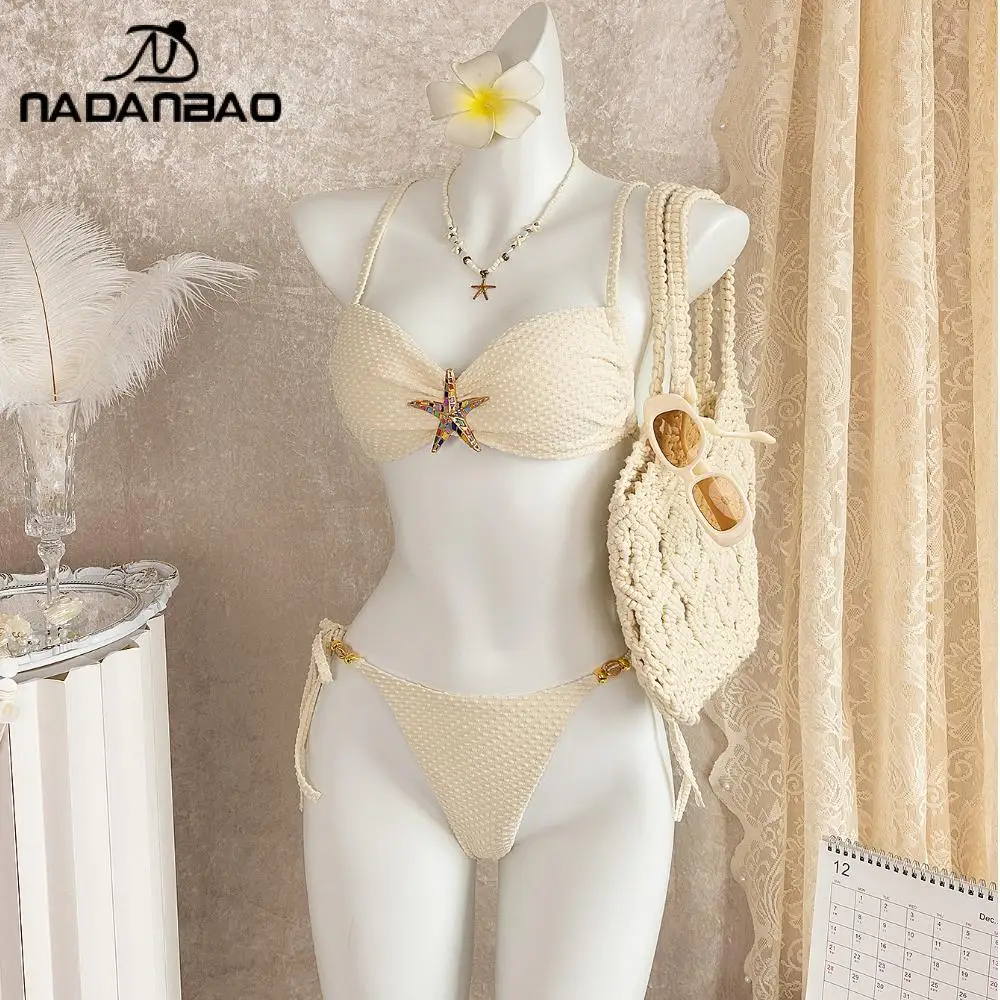 Nadanbao Sexy Vintage Style Starfish Bikinis Apricot Lace Up Swimwear for Women Mid Waist Casual Swimsuit Vacation Beach Clothes