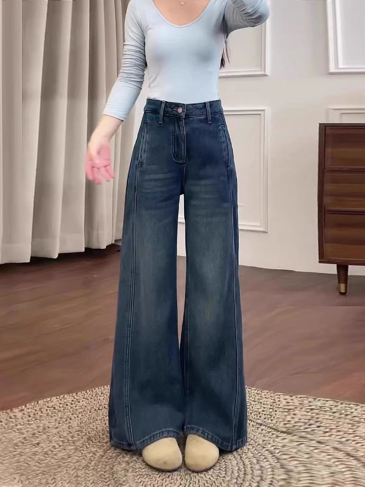 Blue Thickened Jeans Women High Waist Casual Pants Winter New Velvet Warm Extra Large Size Loose Denim Wide Leg Trousers Outwear