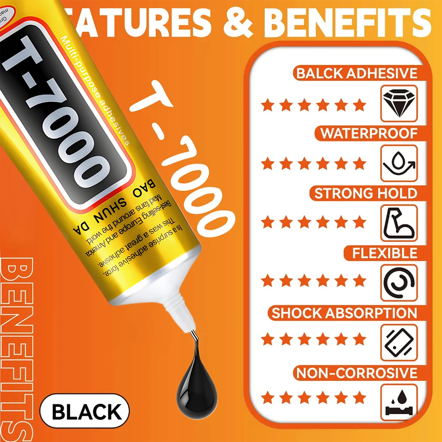 T7000 Adhesivo suave negro T-7000 Marco de reparación para pantallas táctiles de ordenadores y teléfonos móviles Pegamento universal antivibraciones Adhesivo de reparación para tabletas 15/25/50/110 ml, incluye jeringa