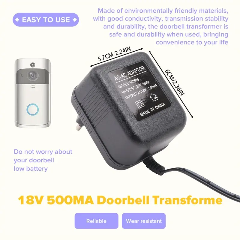 AT21-AC Doorbell Power Adapter, 18V 500MA Doorbell Transformer, 10M Cable, Compatible Ring Doorbell, Video Doorbell EU Plug