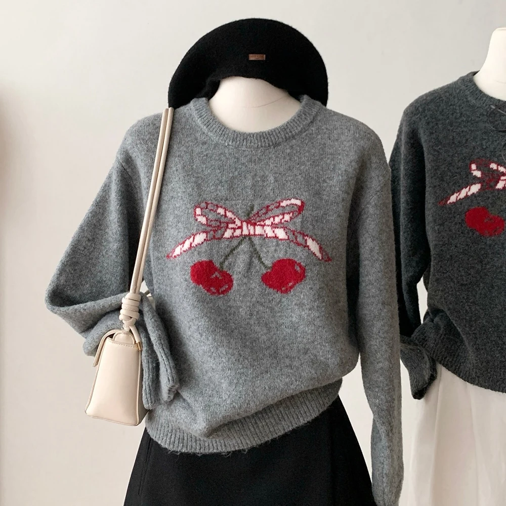 

Cherry Pattern Loose Fit Pullover New Spring Round Neck Pullover Sweater Korean Style Sweater Fashion Knitwear Womens Clothing