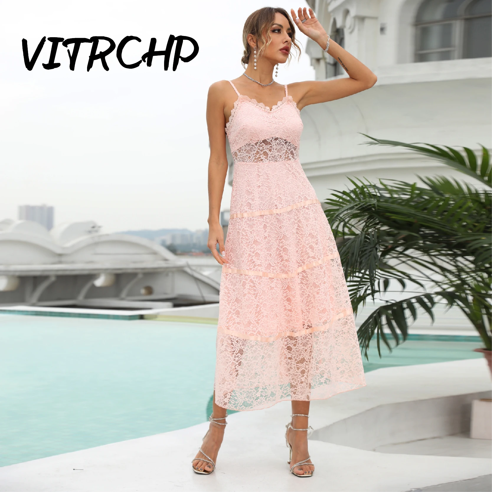 

VITRCHP Lace Sexy O-Neck Evening Dresses Spaghetti Straps Party Cocktail Dresses 2025 New Women Fashion A-Line Homecoming Gowns