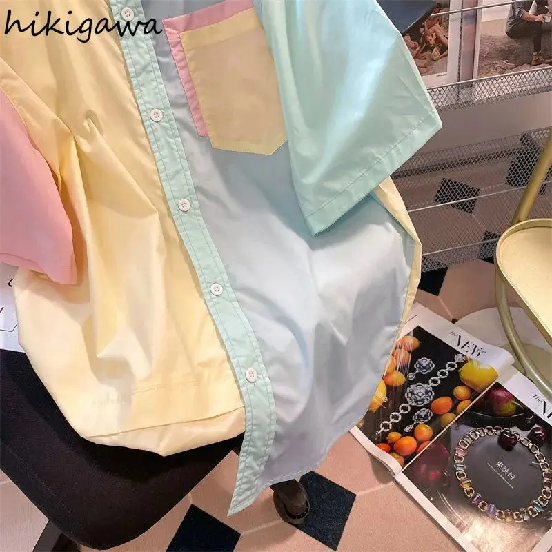 2024 Blusas Mujer De Moda Summer Blouse Women Contrast Color Short Sleeve Korean Shirts Fashion Casual Blouses Oversized Tops