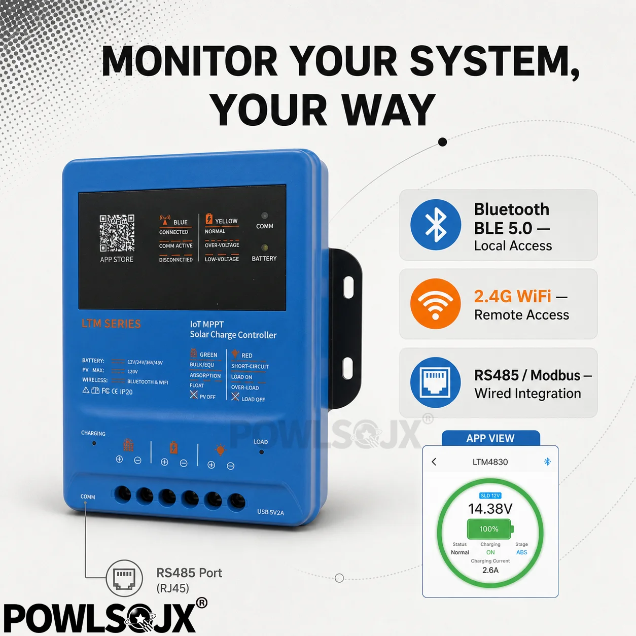 Powlsojx 30A/40A MPPT Charge Controller 12V 24V 36V 48V Battery Support 120V Max PV 5V/2A USB Bluetooth WiFi LiFePO4 AGM GEL