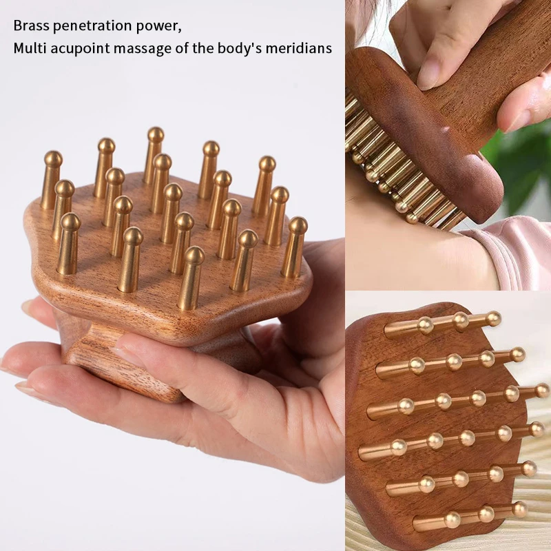 

Sandalwood Massage Comb With Brass Teeth Head Meridian Comb Scalp Massager Anti-Static Wooden Brush Guasha Tool For Full Body