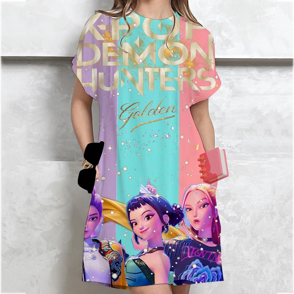 فستان Kpop Demon Hunters Huntrix للنساء فساتين نسائية غير رسمية مطبوعة بالورود أنيقة برقبة على شكل حرف v فضفاضة على شكل حرف a فستان شاطئ بوهو