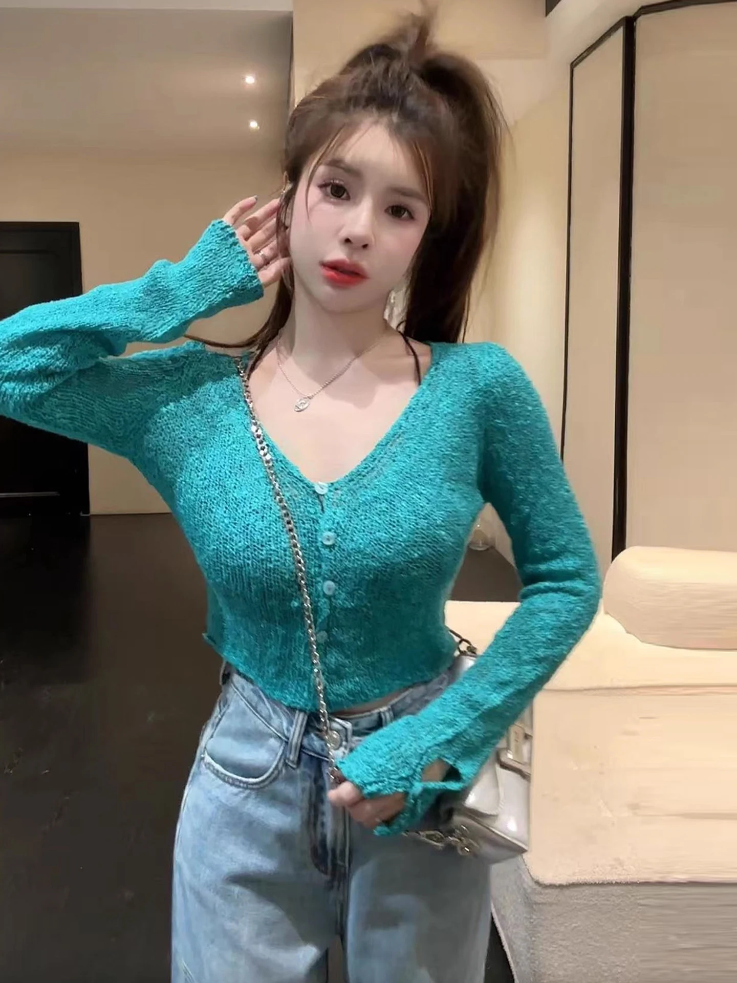 เสื้อคาร์ดิแกนถักแบบเปิด Cleanfit Long Sve สำหรับผู้หญิง รุ่นใหม่ต้นฤดูใบไม้ร่วง ดีไซน์เพรียวบาง เซ็กซี่ สีลูกกวาด ตกแต่งสวยงาม