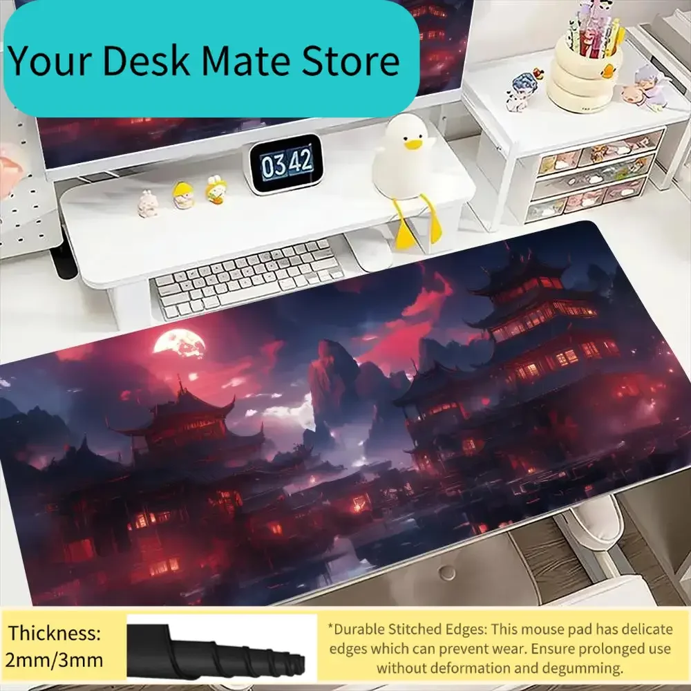 

Mouse Pads Red Moon Ancient City Extended Gaming Mouse Pad Fantasy Oriental Desk Mat Non-Slip Keyboard Pad