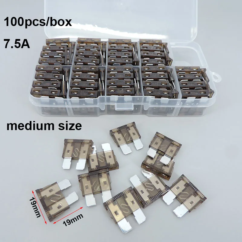 medium size fuse 100pcs/box Car Fuses 7.5Amp 7.5A with Box Assortment Auto Blade Type Fuse Set Truck Auto Fuse Set p1