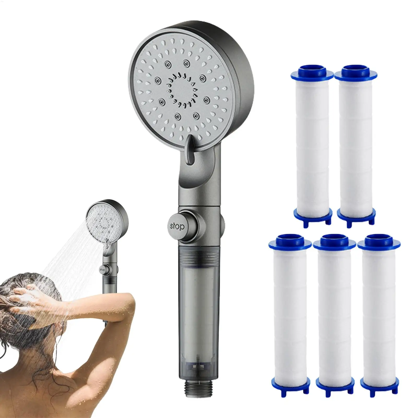 

High Pressure Shower Heads 5 Modes Filtered Shower Head with Handheld Silicone Nozzles Adjustable Faucet for Bathroom Home Gym