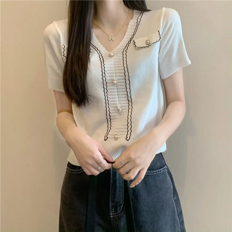 2024 Summer New Women\'s Thin Sweater Fashion Commute Spliced Striped Button All-match V-neck Short Sleeve Slim Chic Knitted Tops