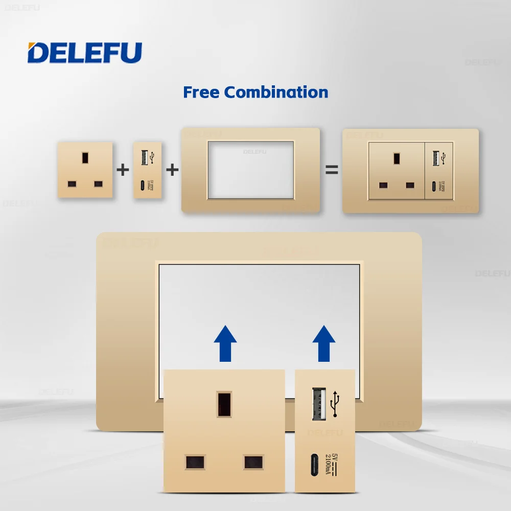 DELEFU Wall Switching power socket USB-C PC Gold panel UK series
