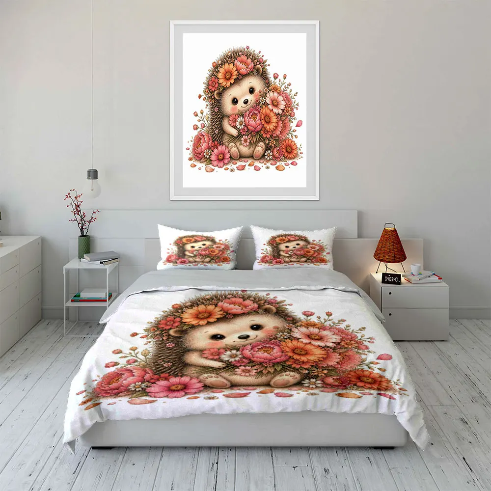 Cute Hedgehog Holding Flowers Duvet Cover Set with 3D Printing Design Soft Polyester Bedding Set All-Season Comfort for gifts