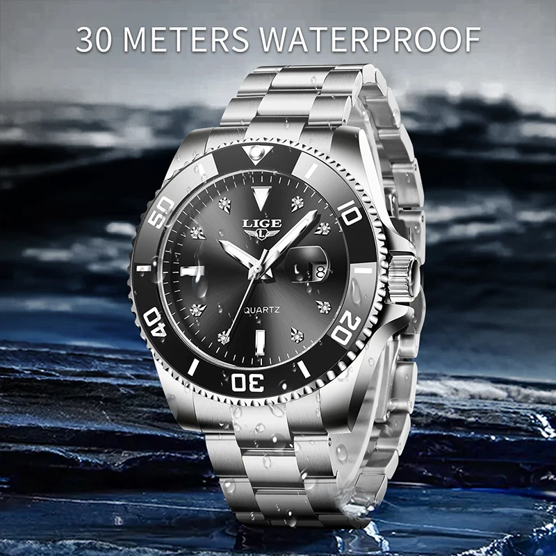 Relojes LIGE para hombre, reloj luminoso de lujo con fecha para hombre, relojes de pulsera de cuarzo de acero inoxidable con cronógrafo resistente al agua para negocios informales