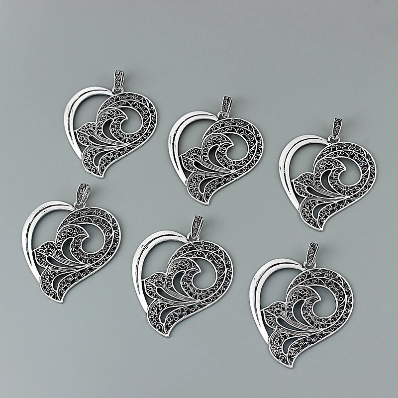 2pcs Antique Large Hollow Open Filigree Heart Shape Charms Pendants for Necklace Jewelry Making Findings 65x61mm