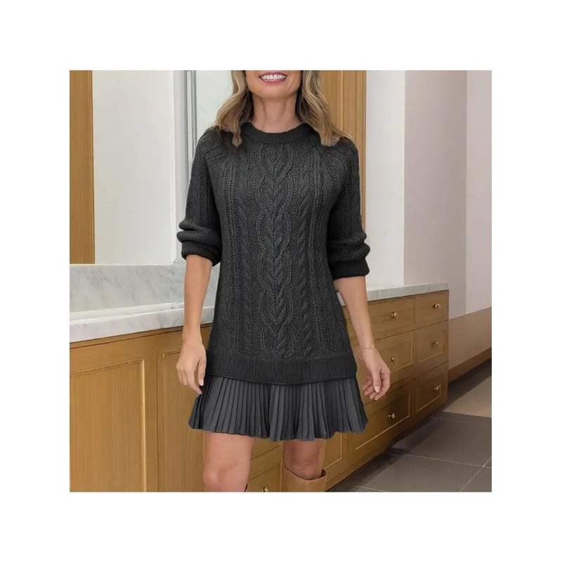 Women'S Crew Neck Dress Imitation Two-Piece Pleated Hem Design Loose Casual Long-Sleeve Suit Suitable Autumn And Winter
