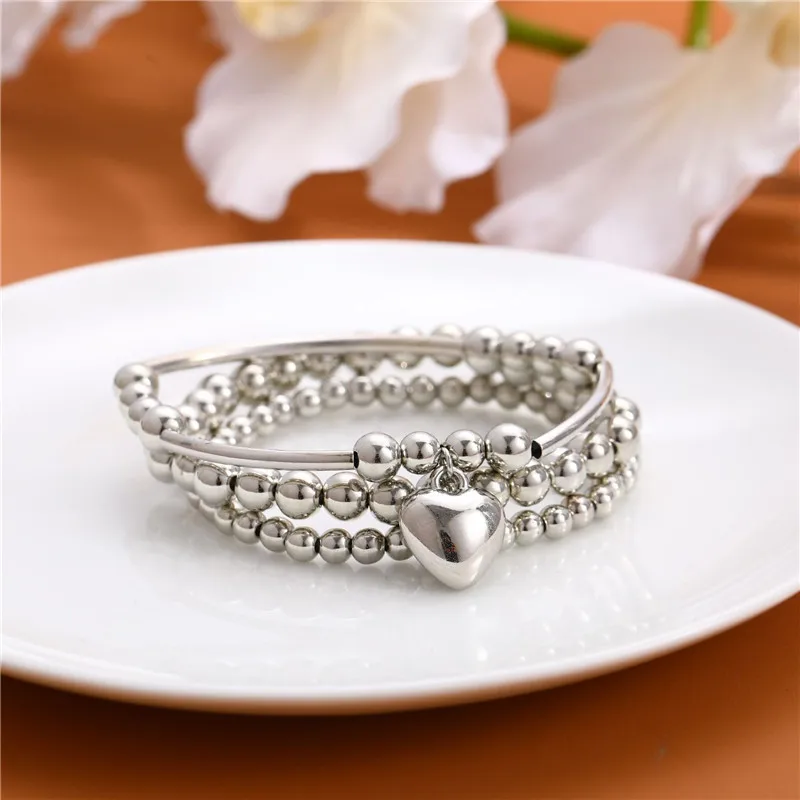 3 pcs/set Trend Heart Pendant Bracelets Set for Women Silver Color Ball Beaded Bracelets Bangles Jewelry New 2025