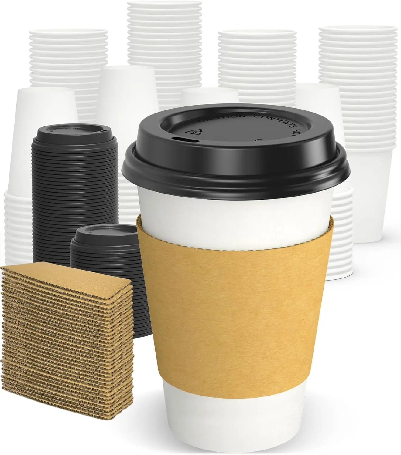 

100 Pack 12 oz Disposable Coffee Cups with Lids and Sleeves, Sturdy Leak-free Insulated Paper Cups for Hot & Cold Beverages