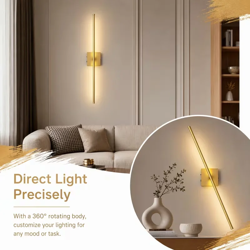 2 Pack Rechargeable Wall Sconce Wireless LED Wall Light 360° Rotating Body with Motion Sensor And Remote Control 5200mAh Battery Operated Wall Lamp Modern Golden Linear Wall Sconces for Bedroom Living Room Hallway Stairway Closet Home Decor