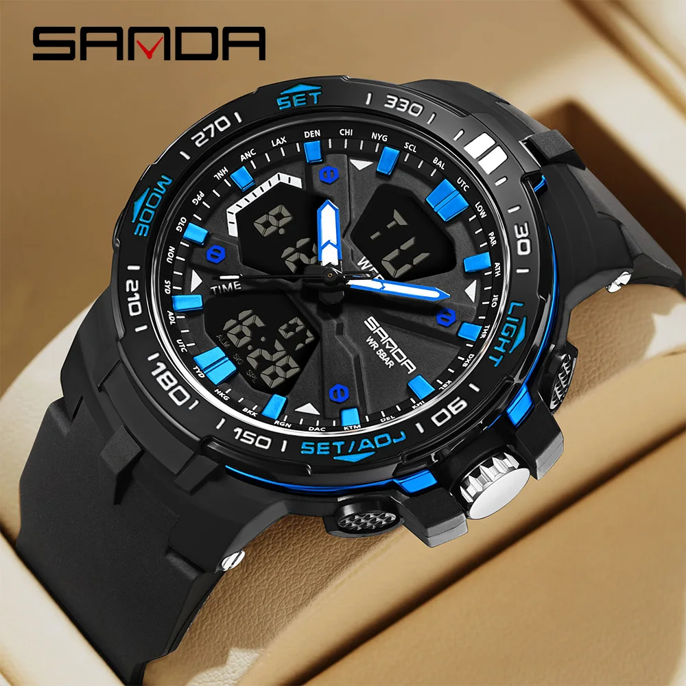 SANDA 3333 Men's Quartz Watch Student Multi functional Fashion Alarm Clock Dual Display Silicone Strap Watch