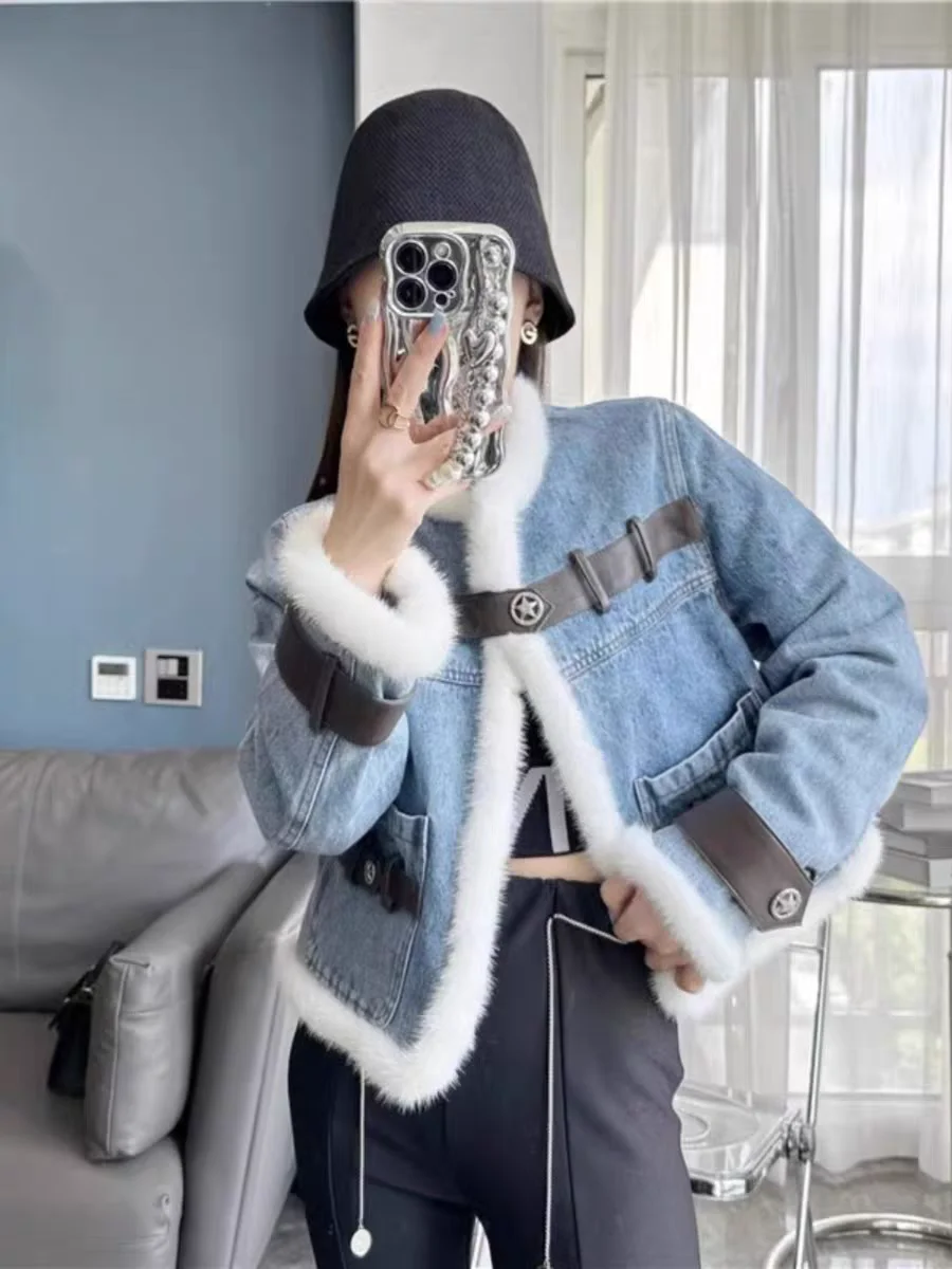 Denim Coats With Rhinestone Woman Fur Plush Womens Winter Standneck Lined Pleated Drawstring Outcoats Steampunk Festival Relaxed