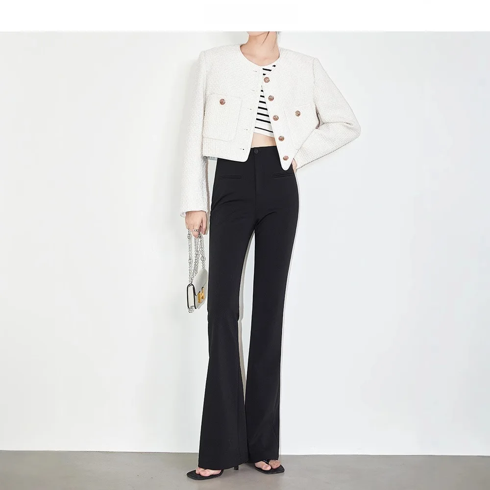 Women's Black Slim Fit Flared Pants New Office Style High Drape Premium Roman Fabric Flared Suit Trousers