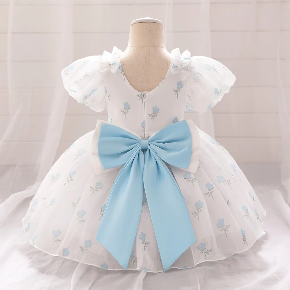 Baby Girl Flower Dress Fairy Bow Short Sleeves Princess Prom Dresses for Girls Birthday Party Kids Clothing Summer Weddidng Gown