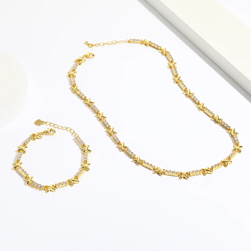 Luxury 18k Gold Plated Gemma Cubic Zirconia Jewelry for Women Elegant X Cross Choker Necklace Wedding Jewelry Gift