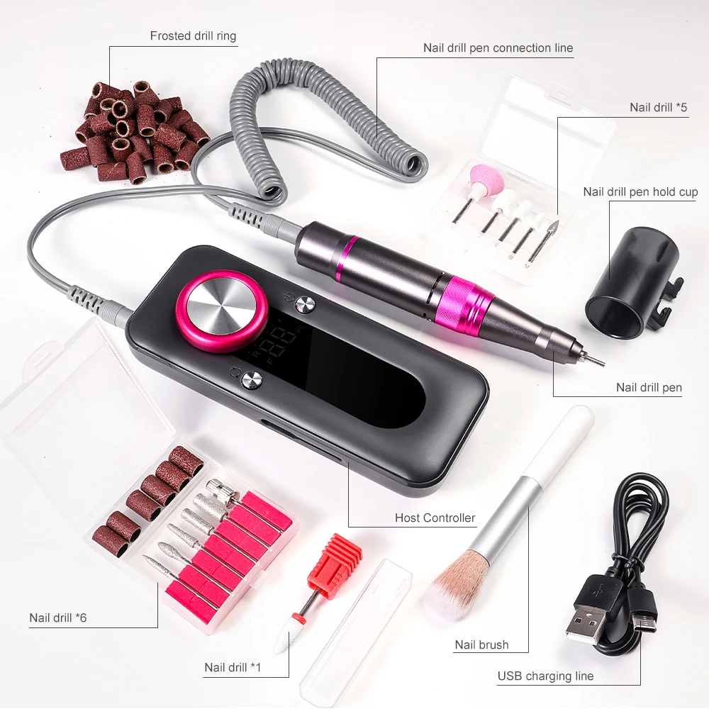 充電式ネイルアートドリル,LCDスクリーン付き,低ノイズ,マニキュアファイル,ジェルポリッシュ,サロンツールに適しています,35000rpm