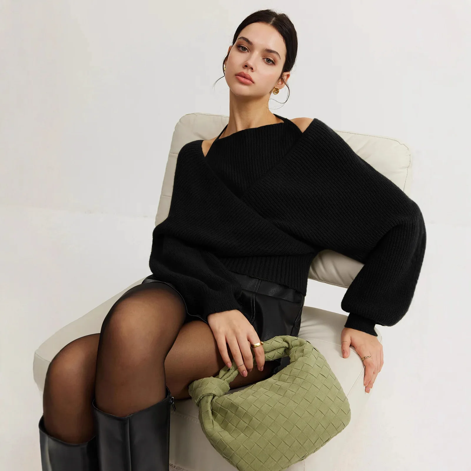 2025 New Loose Criss-cross Bat Sleeve Knit Sweater Women Night Out Fashion Square Neck Tie Waist