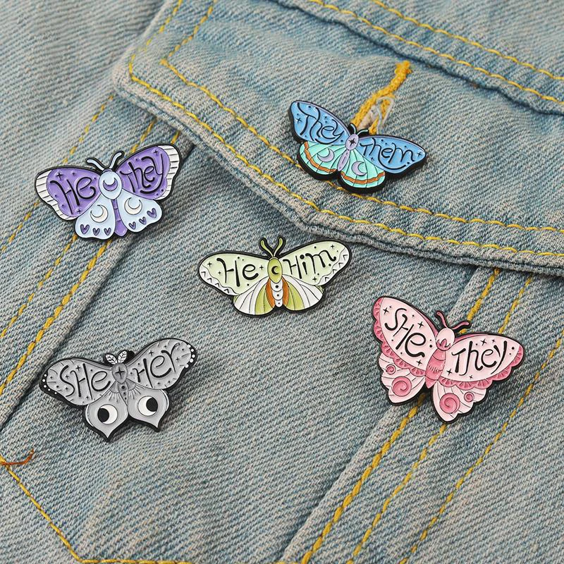 THEY THEM Pines Lapel Badges Insect Jewelry Gift for Kids Friends Butterfly Pronouns Enamel  Brooch Custom SHE HER HE HIM