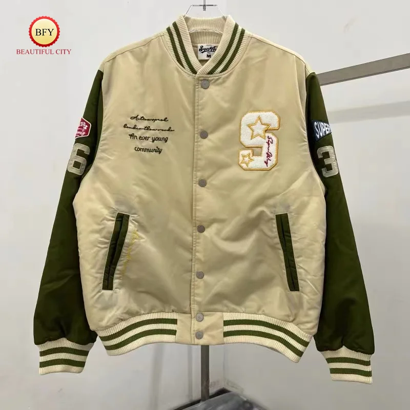 

Latest Embroidery Letters Brand Colour Blocking Top Quality Jacket Autumn and Winter Vintage Mens Womens Baseball Jerseys