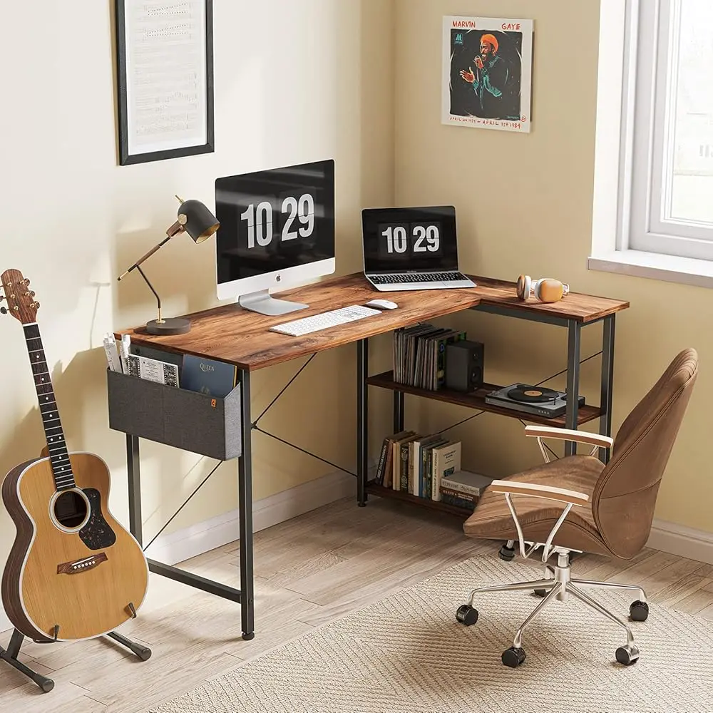 L Shaped Desk, 55 H Computer Desk With Reversible Storage Shelves Home Office Corner Desk Study Writing Table, Deep Brown