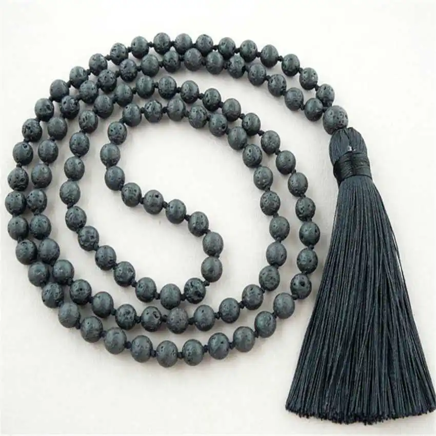 

Natural Lava Rock 108 Beads Mala Necklace with Dark Gray Tassel Aromatherapy Spiritual Jewelry