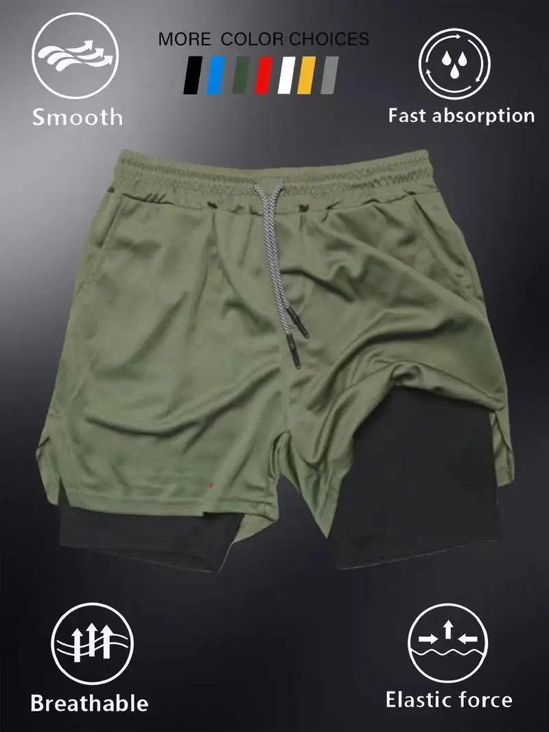 2026 Summer Men's Double-Layer Running Training Shorts  Adjustable Drawstring Waist Sports Gym Shorts