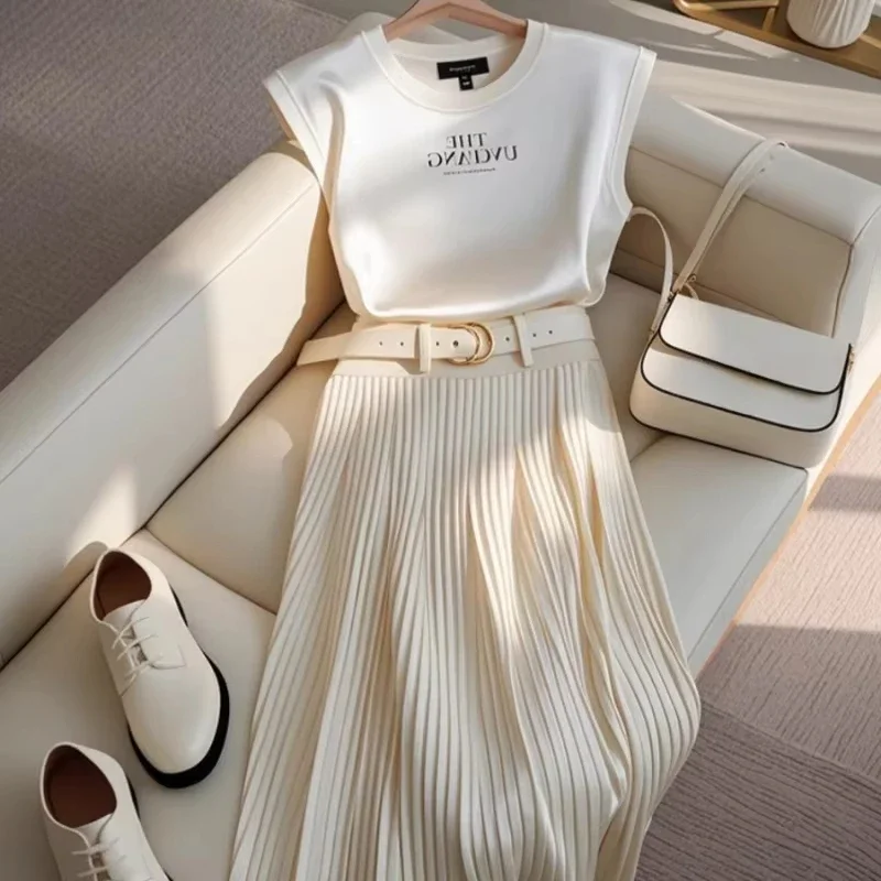 

Корейский модный комплект из 2 предметов, женская футболка-бретелька без рукавов с круглым вырезом, плиссированная летняя бежевая элегантная офисная женская милая Y2K