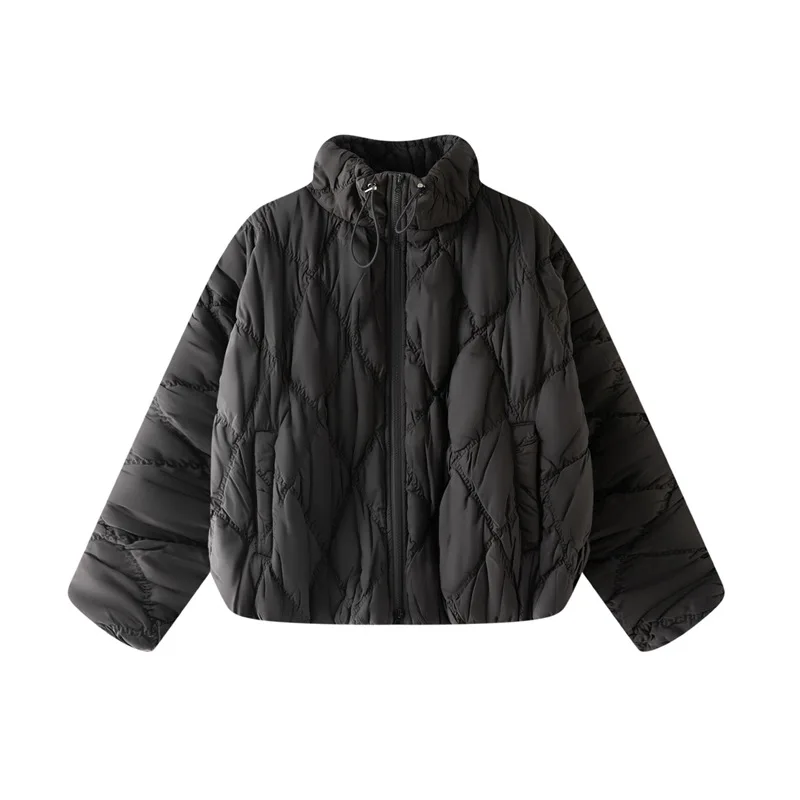 Miyake Style Women Stand Collar Quilted Puffer Jacket Drawstring Collar Zip Up Short Warm Winter Lightweight Coat