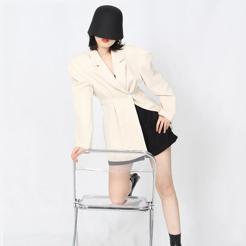 High Street Blazer For Women Autumn Black Apricot Notched Collar Long Sleeve Fashion Folds Clothes Female New Casual Jacket Coat