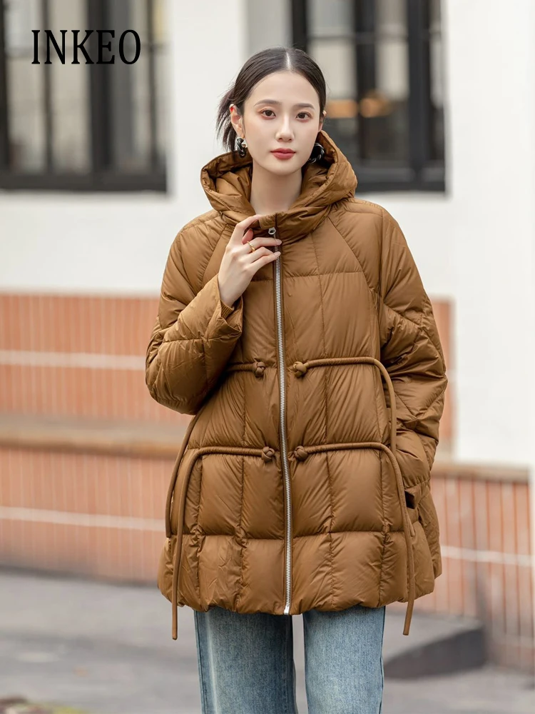 Chinese style Hooded down jacket Warm Oversized 2024 Winter High quality 90% white duck down coat Outerwear Brown INKEO 3O285