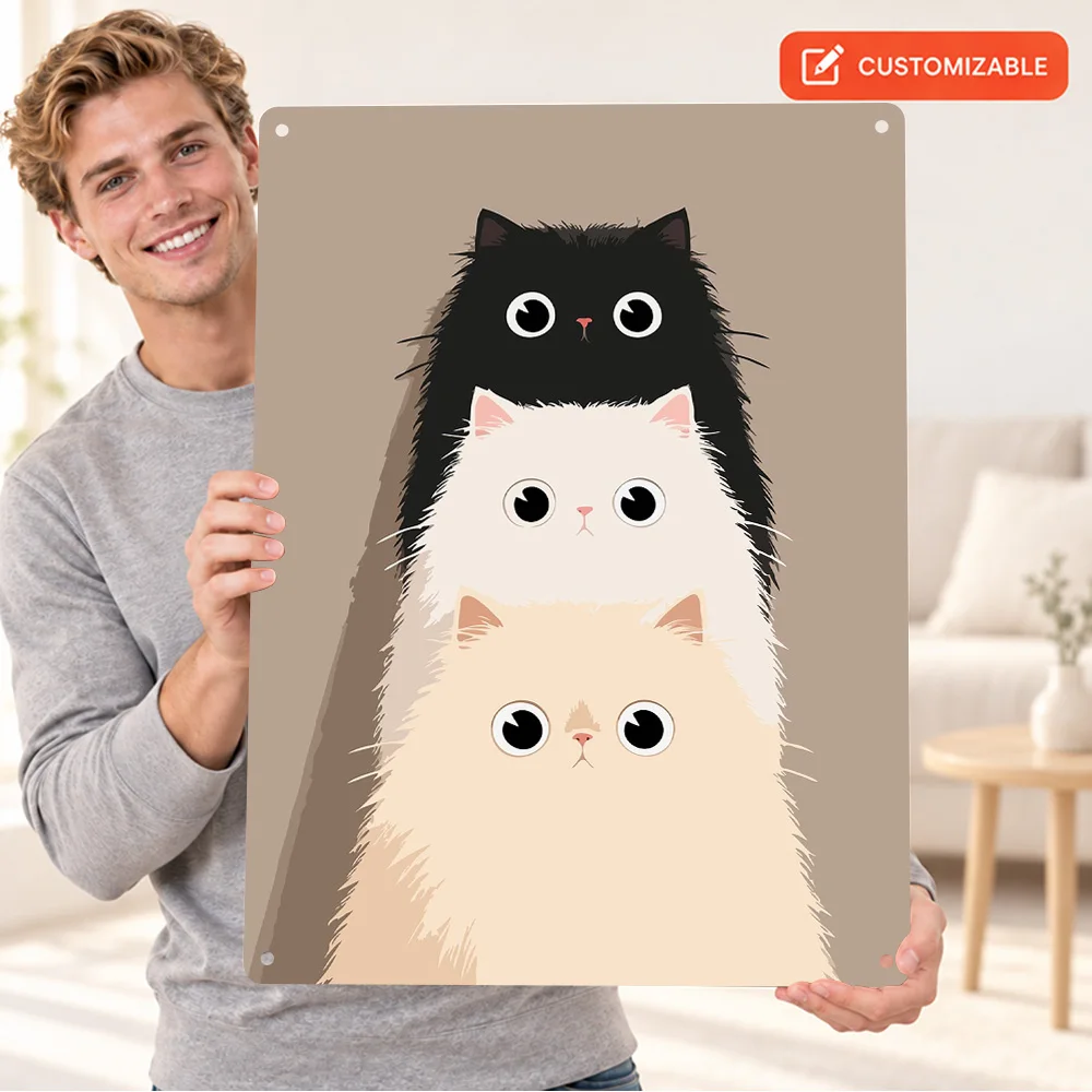 Cute Stacked Kitty Faces Minimalist Printed Poster Retro Bold Design Studio Wall Art Personalized Aluminum Metal Sign Fan Gift