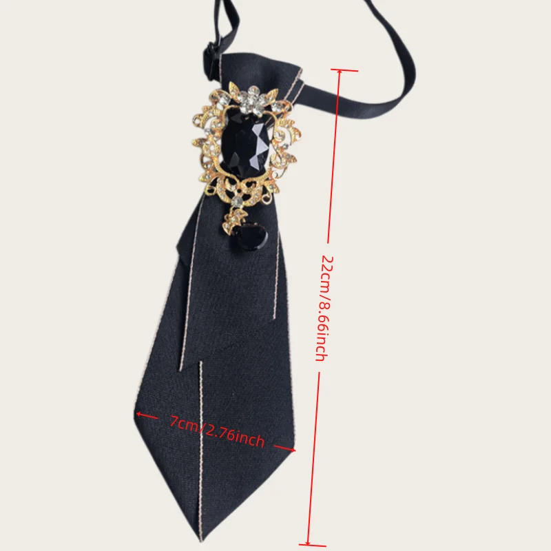 Vintage Court-Style Black and Gold Gemstone Tie-Free Small Tie for Women, Jk Lolita Shirt with Rhinestone Collar Decoration, Suit Dress Fabric Decorative Tie Accessory