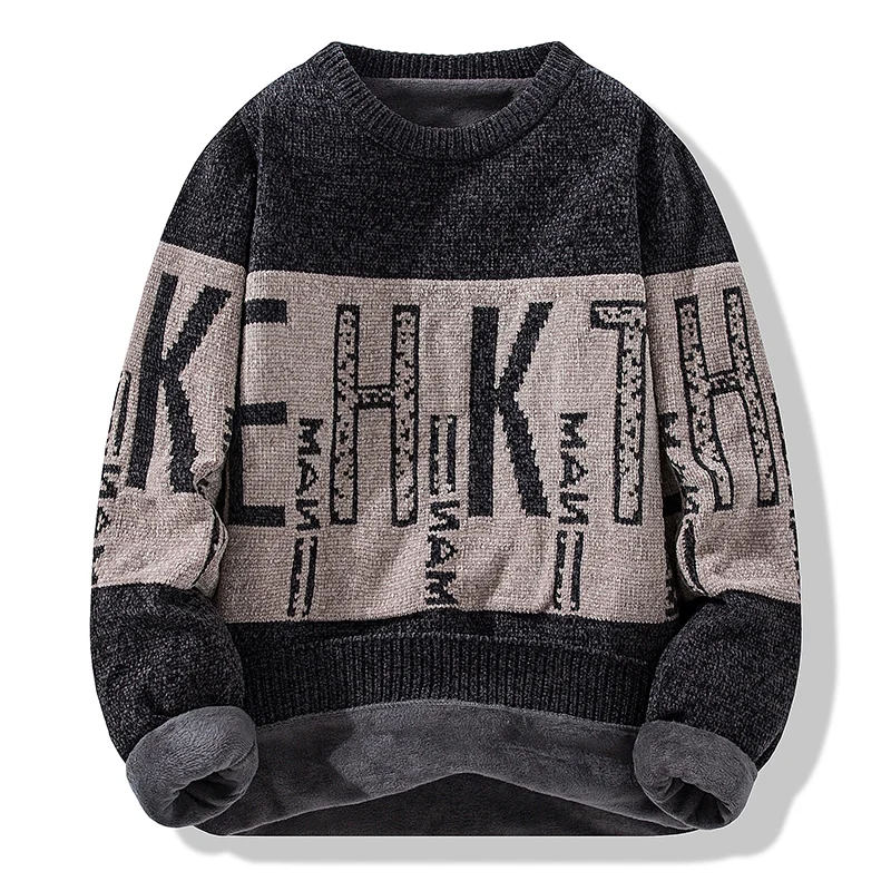 Autumn and Winter Plush and Thick New Pullover with Chenille Wool Round Neck Contrasting Letter Jacquard Loose Top for Men