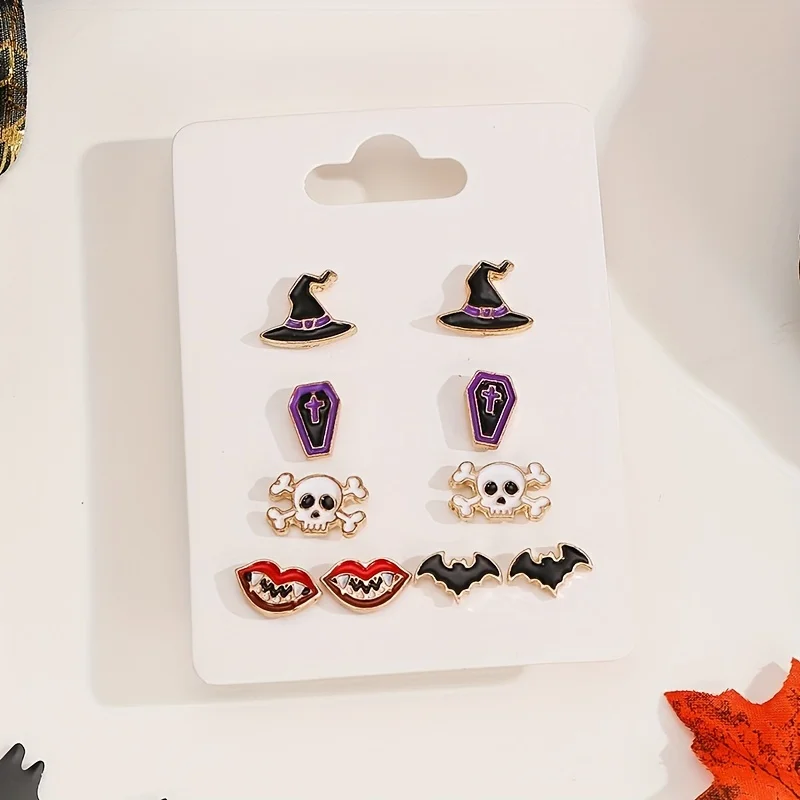 Vedawas 5 paia/set Witch Hat Bat Pumpkin Corn Candy orecchini Set,Halloween ringraziamento accessori donna