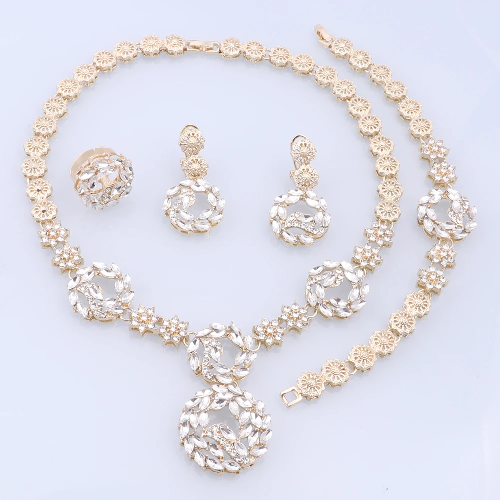 Dubai Gold Color Women Jewelry Sets Classic Necklace Earrings Ring Bracelet Jewelry Daily Wear Gold Plated Accessories