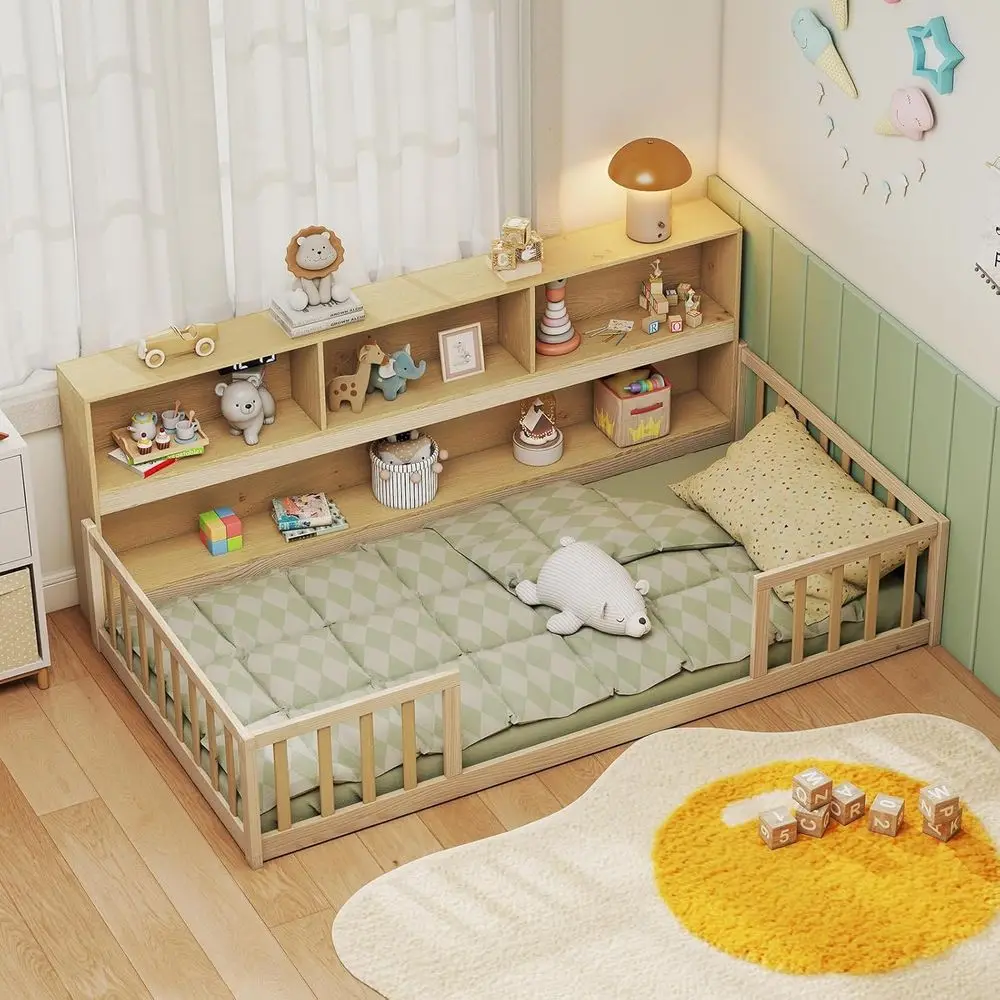 

Twin-Size Wooden Bunk Bed with Bookcase, Storage Shelves & Safety Rails for Kids