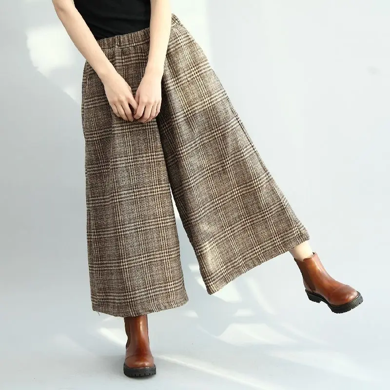 New autumn and winter plus size wide leg pants women's elastic waist coffee color checkered casual seven inch skirt pants
