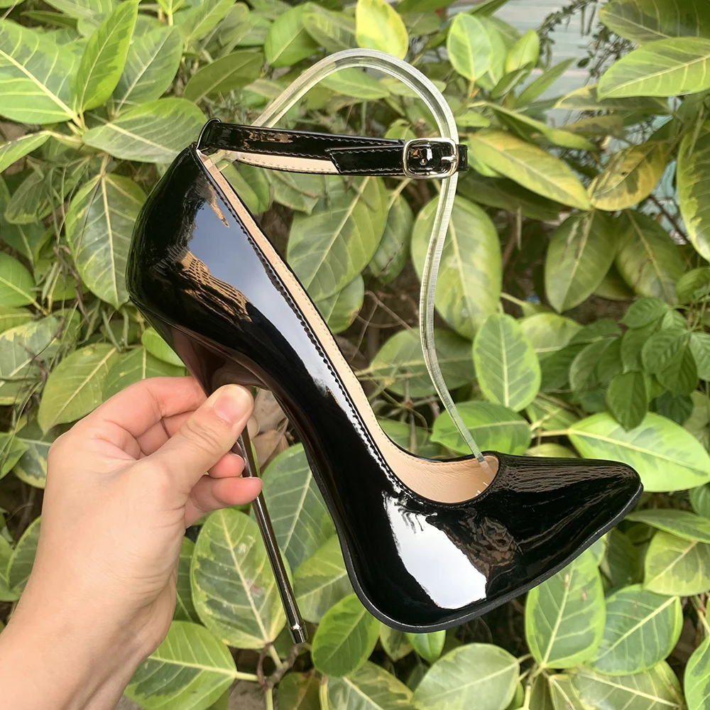 Super High Heels 16cm Stilettos Sexy Women Solid Black Dress Shoes Pumps Ankle Strap Fetish Party Unisex Man Shoes