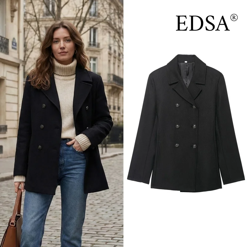 

EDSA Women Black Double Breasted Blazer Jacket for Office Lady Long Sleeves Solid Color Coat Outerwear