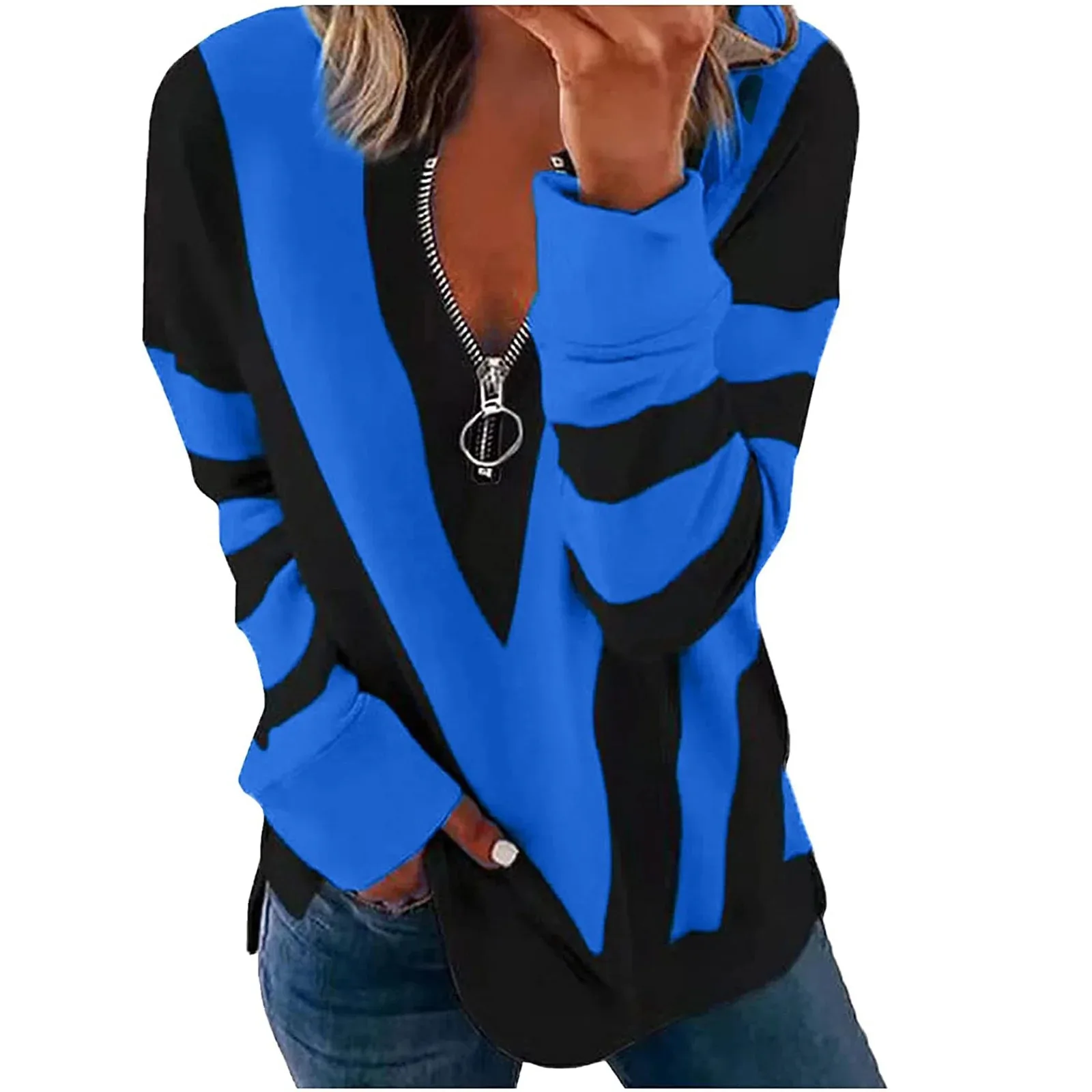 

Spring and Autumn New Cross border 3D Digital Women's Stripe Series Long sleeved Round Neck Casual Zipper Autumn TopWF4