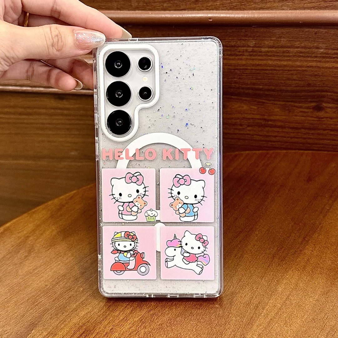 Lovely illustration Hello Kitty Magnetic holder Magsafe Wireless Charge Case For Samsung Galaxy S25 Ultra S24 Plus S23 FE Cover
